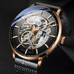 Sollen SL359 Men's Open Heart Full Skeleton Automatic Mechanical Watch - 42mm Stainless Steel Case Slim 9.9mm Luminous Markers Mesh Bracelet Wristwatch