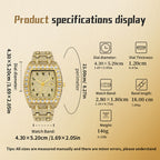 MISSFOX V386 Live Edition Men's Iced Out Watch - Luxury Large Crystal Bezel Tonneau Case Arabic Numerals Pave Gold Dial Date Window Metal Band Hiphop Wristwatch