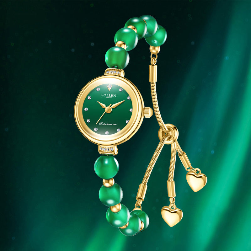 Sollen SL475 Quartz Watch - Women's Gold Green Chalcedony Beaded Bracelet Genuine Diamond Wristwatch