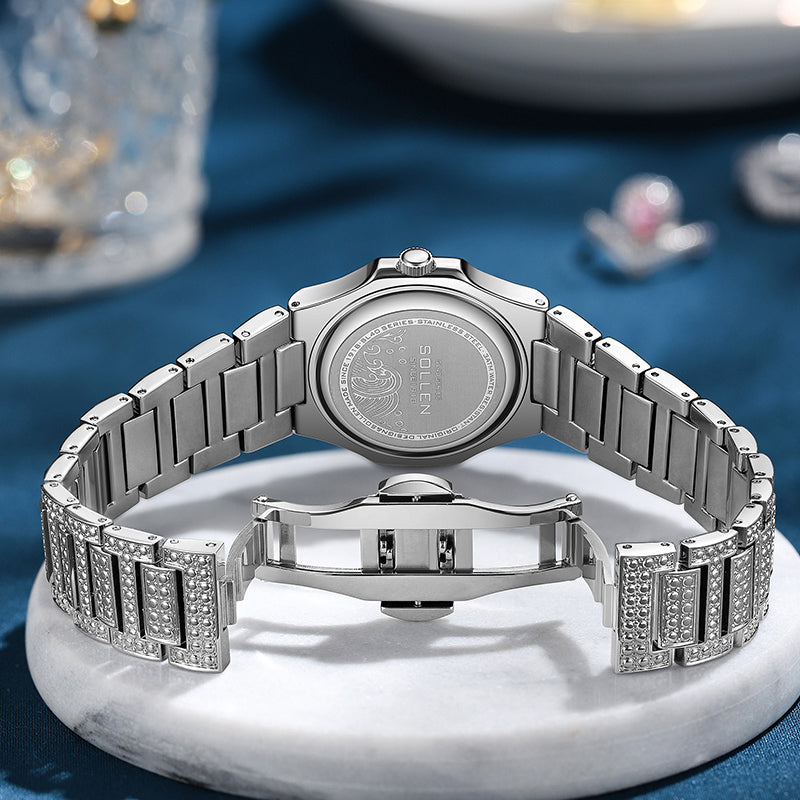 Sollen SL437 Women's Quartz Watch - 33x30mm Full Pave Crystal Dial Fully Iced Out Stainless Steel Bracelet Wristwatch