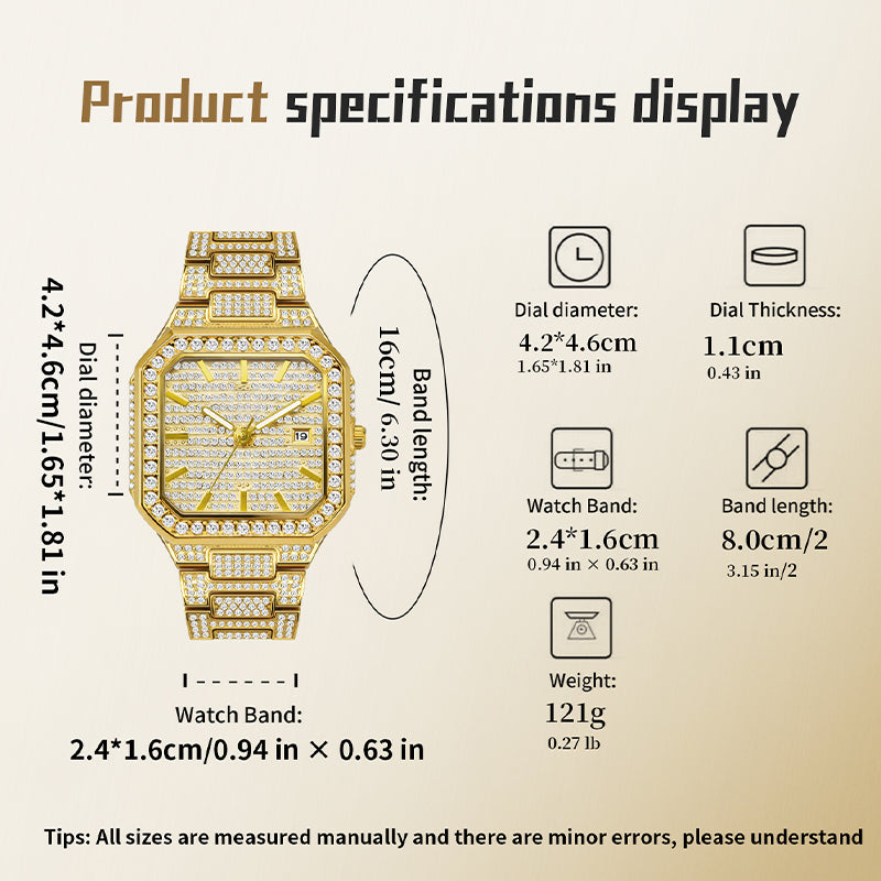 BELBI BELBL-8223 Live Edition Men's Iced Out Watch - Luxury Full Crystals Encrusted Octagonal Case Pave Dial Date Window Metal Band Hiphop Wristwatch