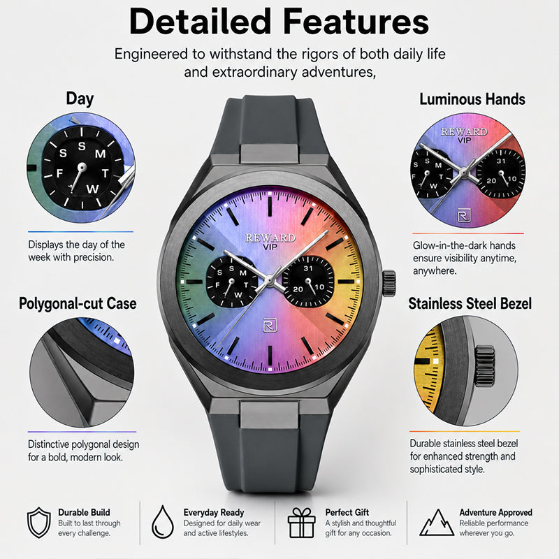 REWARD RD 932106M Quartz Watch - Live Edition Men's Ultra-Slim 8.7mm Case Dual Calendar Sub-Dials Luminous Hands Gradient Rainbow Dial Sport Silicone Strap Wristwatch