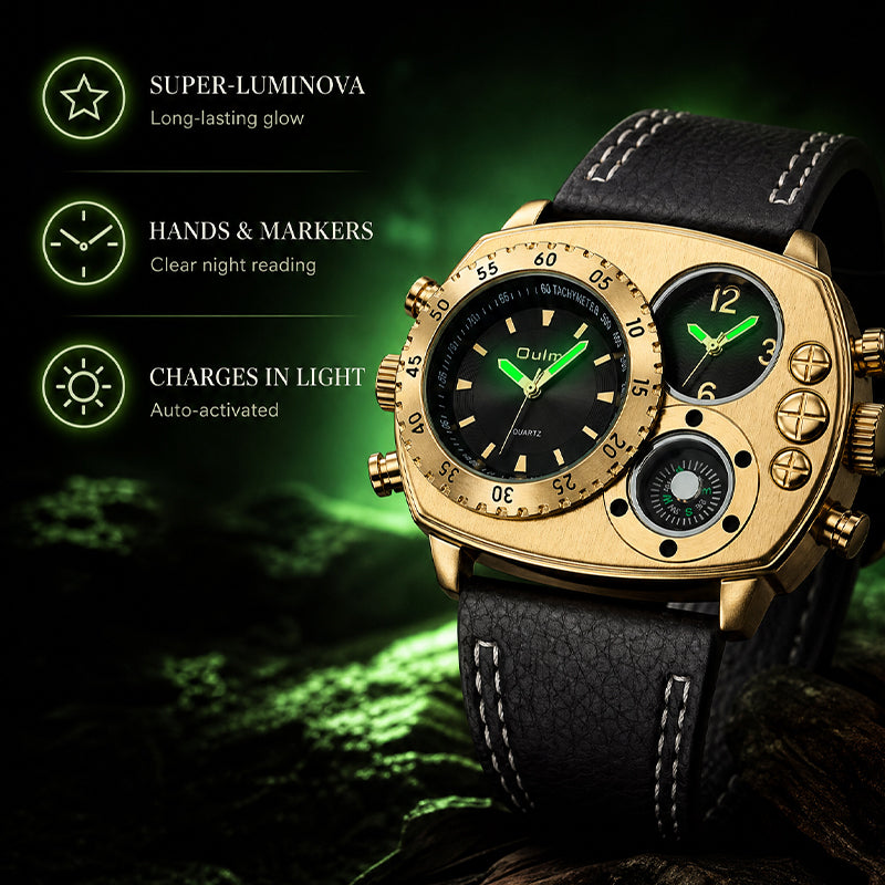 Oulm HP9865 Live Edition Men's Tactical Watch - Cyberpunk Multi Time Zone Dual Movement Armor Case with Built-in Compass Wide Strap Sport Wristwatch