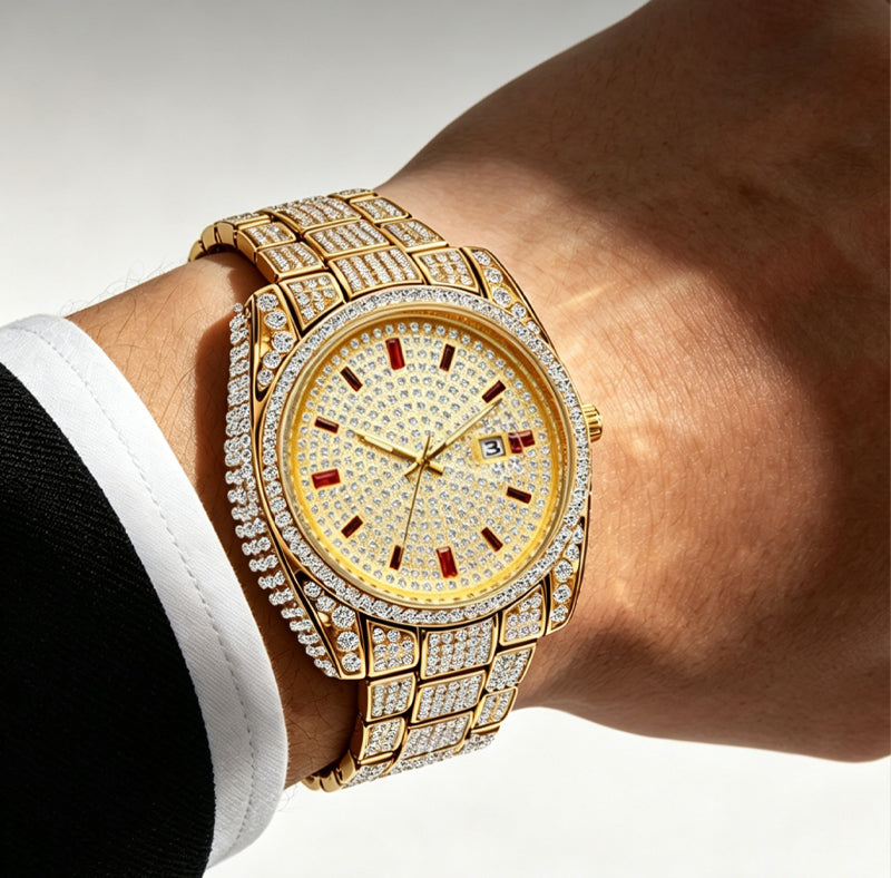 BELBI BELBL-8137 Live Edition Men's Iced Out Watch - Luxury Full Crystals Encrusted Round Case Pave Dial Ruby Red Indices 3H Date Metal Band Hiphop Wristwatch