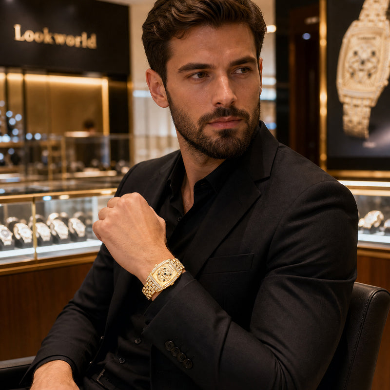 LOOK WORLD RKS1032 Live Edition Men's Iced Out Watch - Luxury Full Crystals Encrusted Tonneau Case Creative Spinning Kinetic Dial Metal Band Hiphop Wristwatch
