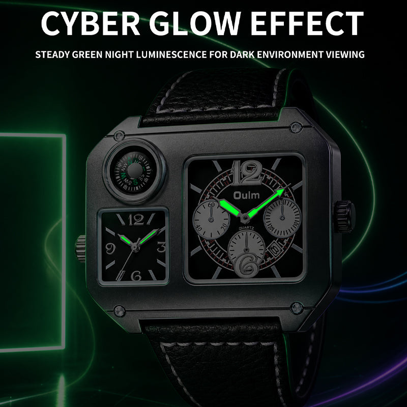 Oulm HP9150 Quartz Watch - Live Edition Men's Heavy Steampunk Dual Time Zone Industrial Black Case Luminous Hands Compass Wide Leather Strap Tactical Wristwatch