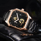 YASHDUN YSD5061 Quartz Watch - Live Edition Men's Heavy Industrial 43mm Square-Octagonal Case Steampunk Mechanical Gear Illusion Dial Date Steel Link Bracelet Wristwatch