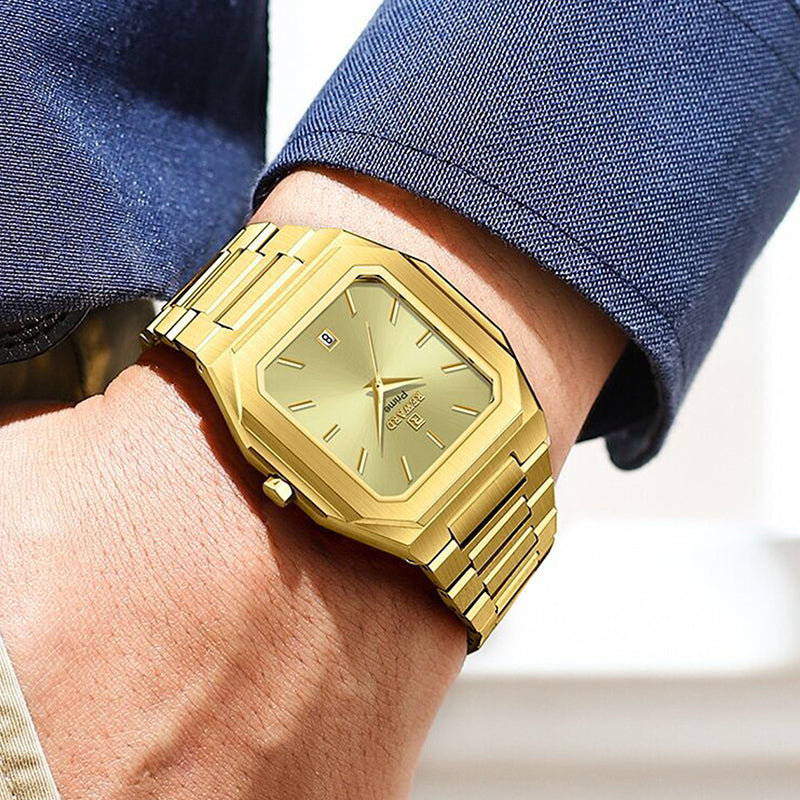 REWARD RD 613151M Quartz Watch - Live Edition Men's Retro Square Case Full IPG Gold Stainless Steel Band Ultra-Slim 8.5mm Body Luminous Hands 6H Date Sunburst Dial Wristwatch