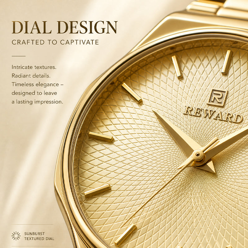 REWARD RD 213032L Quartz Watch - Live Edition Women's Elegant 28mm Full IPG Gold Stainless Steel Band Luminous Hands Sunburst Radial Dial Wristwatch