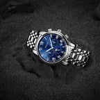 Sollen SL801 Chronograph Watch - Men's Multi-Function Moonphase Sunburst Dial 7-Bead Stainless Steel Bracelet Wristwatch
