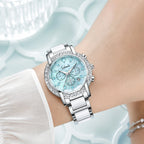 Labaoli LA559 Quartz Watch - Live Edition Women's Luxury 37mm Crystal-Encrusted Bezel Diamond-Cut Lens Chronograph Style Dial Slanted Date Two-Tone Link Bracelet Wristwatch