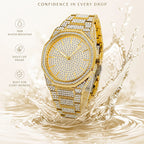 BELBI BELBL-8138 Live Edition Men's Iced Out Watch - Luxury Full Crystals Encrusted Geometric Bezel Pave Gold Dial Metal Band Hiphop Wristwatch