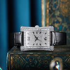 Sollen SL432 Women's Tank Quartz Watch - 33x43mm Full Pave Crystal Dial Iced Out Genuine Leather Strap Wristwatch
