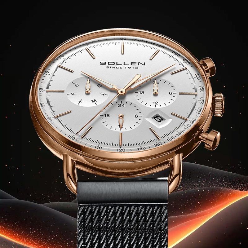 Sollen SL705 Quartz Watch - Men's Multi-Function Dual-Time Domed Glass Stainless Steel Mesh Band Wristwatch