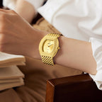 LX1023 Quartz Watch - Live Edition Unisex Luxury 41mm Tonneau Arched Bridge Glass Mirror Pavé Crystal Texture Gold Case Sunburst Dial Luminous Hands Steel Link Bracelet Wristwatch