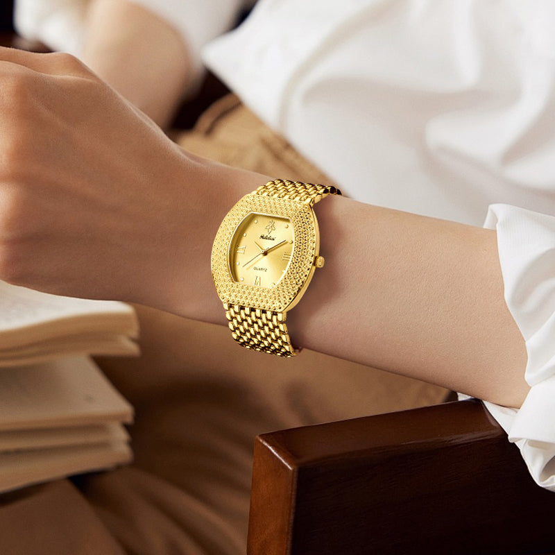 LX1023 Quartz Watch - Live Edition Unisex Luxury 41mm Tonneau Arched Bridge Glass Mirror Pavé Crystal Texture Gold Case Sunburst Dial Luminous Hands Steel Link Bracelet Wristwatch