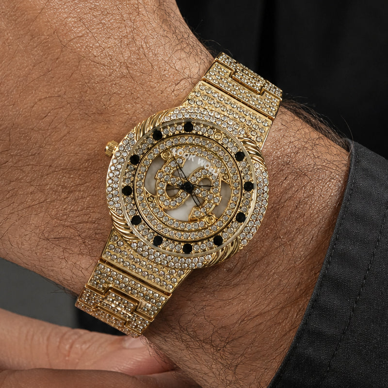 LOOK WORLD RKS257 Live Edition Men's Iced Out Watch - Luxury Full Crystals Encrusted Round Case Creative Spinning Dollar Sign Dial Metal Band Hiphop Wristwatch
