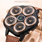 Oulm HP9153 Live Edition Men's Tactical Watch - Cyberpunk Multi Time Zone 5-Movement Armor Case with Centered Compass Sport Leather Strap Wristwatch