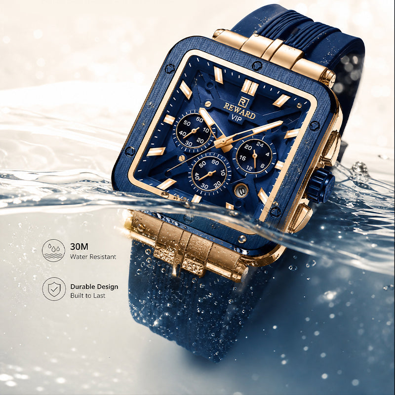 REWARD RD 833569M Quartz Watch - Live Edition Men's Luxury Bold Square Case Full Chronograph Luminous Hands Date Window Sport Silicone Strap Wristwatch