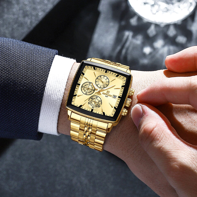 REWARD RD 81100M Quartz Watch - Live Edition Men's Luxury Rectangular Cushion Case Full Chronograph Luminous Hands Date Window Stainless Steel Band Wristwatch