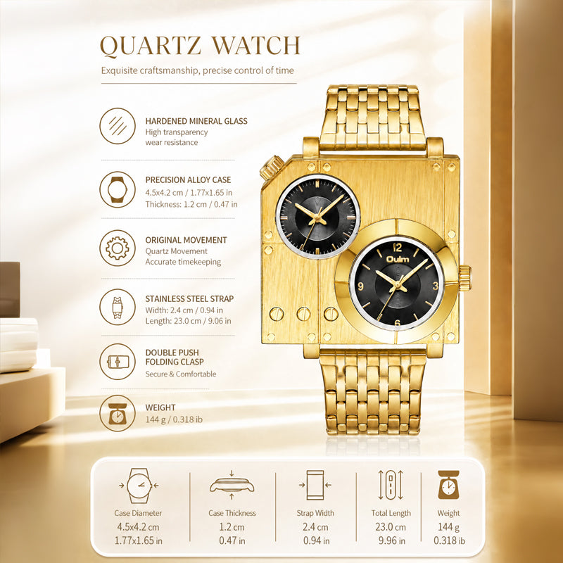 Oulm HT5024 Live Edition Men's Tactical Watch - Cyberpunk Multi Time Zone Dual Movement Rectangle Armor Case Metal Band Sport Wristwatch