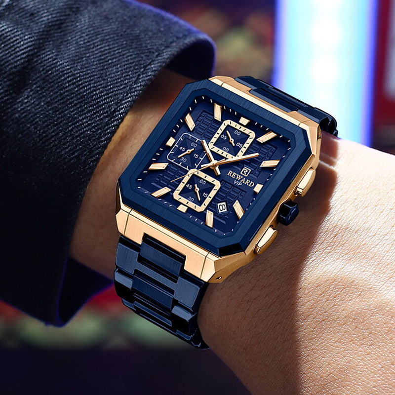 REWARD RD 813149M Quartz Watch - Live Edition Men's Luxury Octagonal Cushion Case Full Chronograph Luminous Hands Date Window Stainless Steel Band Wristwatch
