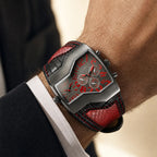 Oulm HP1220 Quartz Watch - Live Edition Men's Steampunk Dual Time Zone Asymmetrical IPB Black Case 44mm Wide PU Leather Cuff Band Wristwatch
