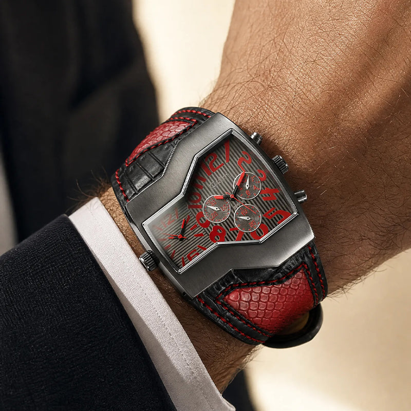 Oulm HP1220 Quartz Watch - Live Edition Men's Steampunk Dual Time Zone Asymmetrical IPB Black Case 44mm Wide PU Leather Cuff Band Wristwatch