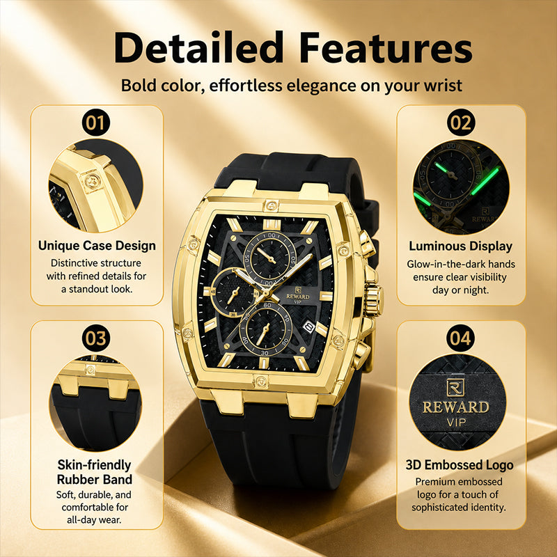REWARD RD 832261M Live Edition Men's Luxury Sport Watch - Chronograph 6-Hand Multi Function Tonneau Armor Case Date Window Silicone Strap Wristwatch
