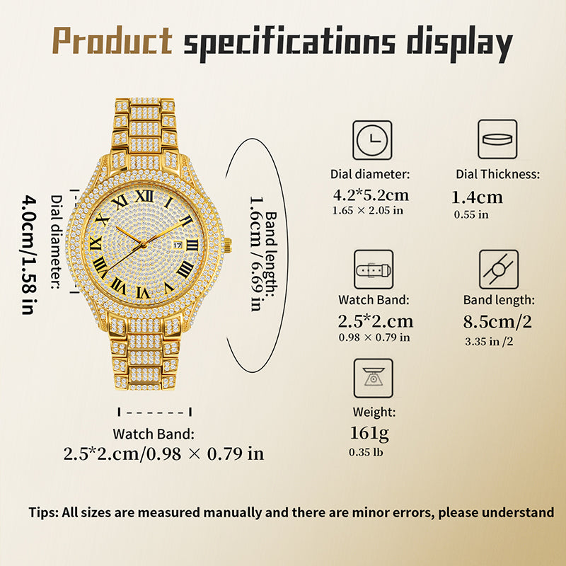 BELBI BELBL-8242 Live Edition Men's Iced Out Watch - Luxury Full Crystals Encrusted Roman Numerals Gold Dial Date Window Metal Band Hiphop Wristwatch