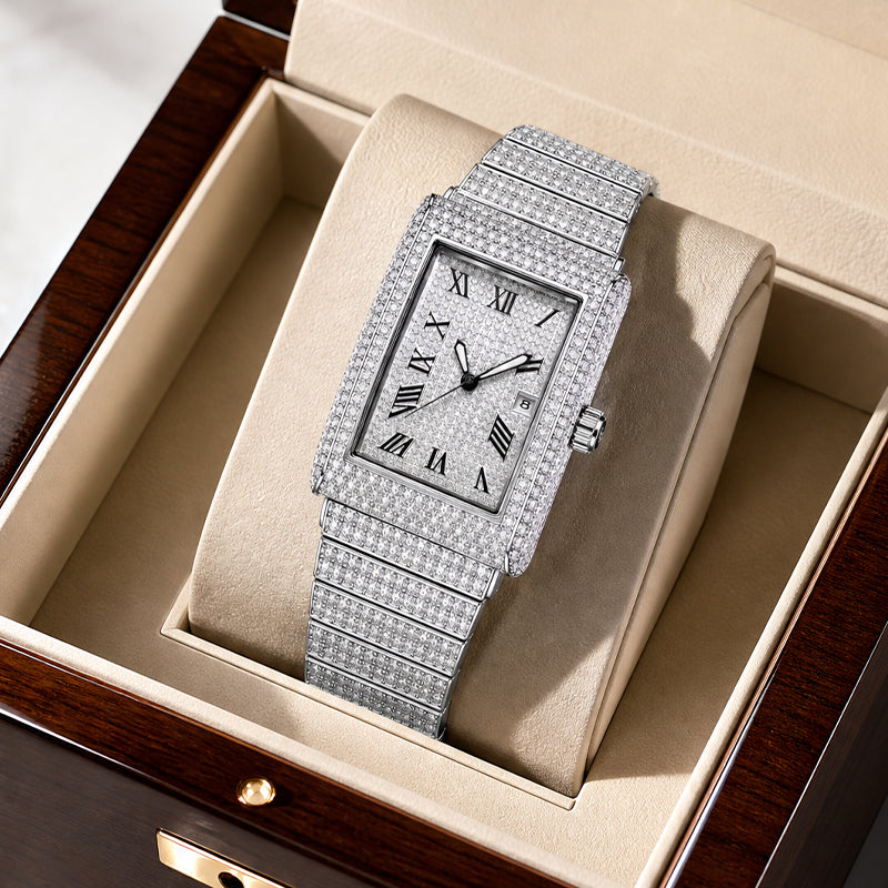 KDW KDW8315L Quartz Watch - Live Edition Women's Luxury 46mm Full Iced-Out Crystal Pavé Square Case Roman Numeral Day-Date Luminous Hands Fully Encrusted Link Bracelet Wristwatch