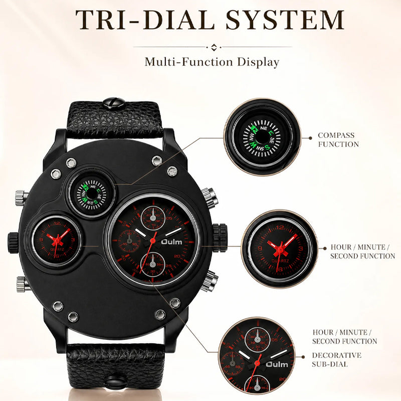Oulm HP3741 Live Edition Men's Tactical Watch - Cyberpunk Multi Time Zone Dual Movement Oversized Round Armor Case with Built-in Compass Sport Wristwatch