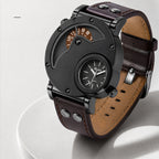 Oulm HP9591 Quartz Watch - Live Edition Men's Heavy Steampunk Dual Time Zone Industrial Black Case Luminous Hands Wide Leather Strap Tactical Wristwatch