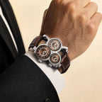 Oulm HP1167 Quartz Watch - Live Edition Men's Heavy Steampunk Triple Time Zone Industrial Silver Case Luminous Hands Leather Strap Tactical Wristwatch
