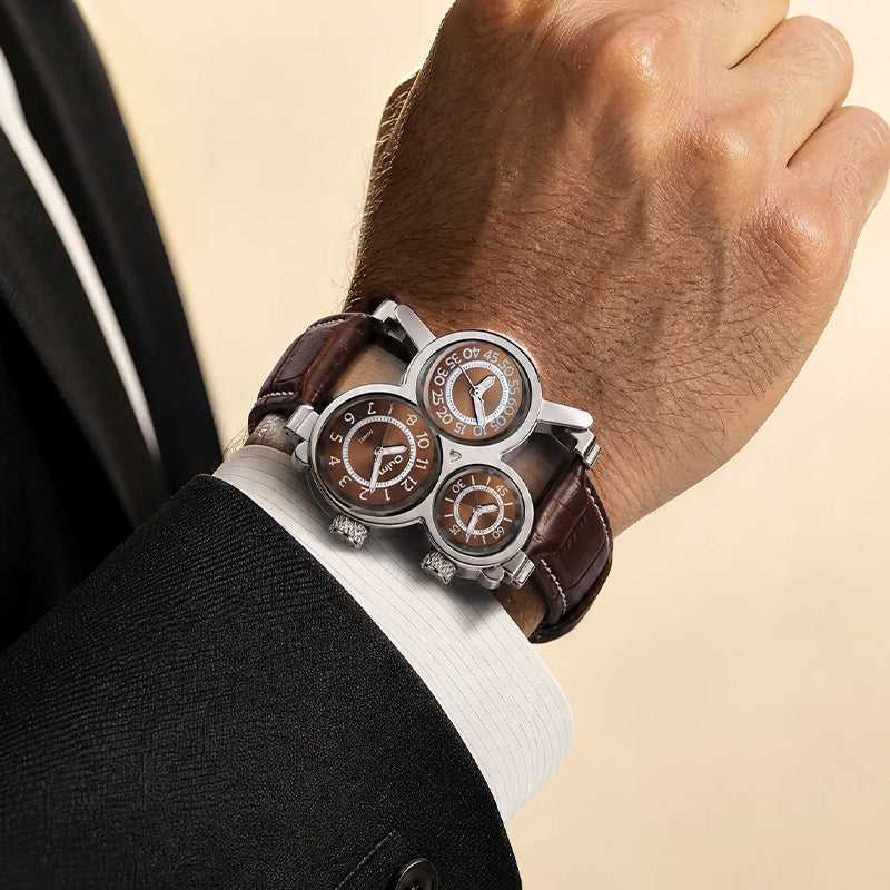 Oulm HP1167 Quartz Watch - Live Edition Men's Heavy Steampunk Triple Time Zone Industrial Silver Case Luminous Hands Leather Strap Tactical Wristwatch