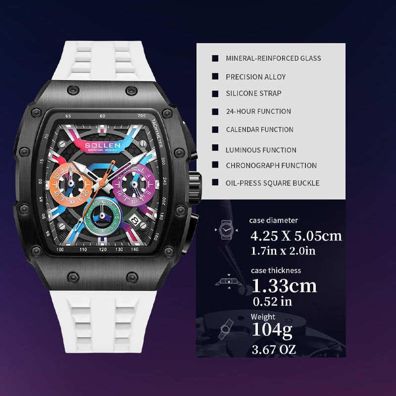 Sollen SL728 Chronograph Watch - Men's Tonneau Case Multi-Color Dial Performance Silicone Strap Wristwatch