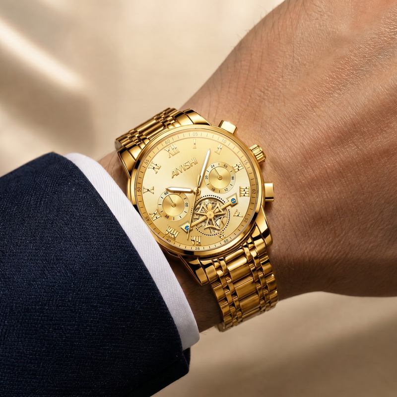AIYISHI ASY2316 Quartz Watch - Live Edition Men's Luxury 41mm Flywheel Mechanical Style Face Luminous Hands Steel Link Bracelet Wristwatch