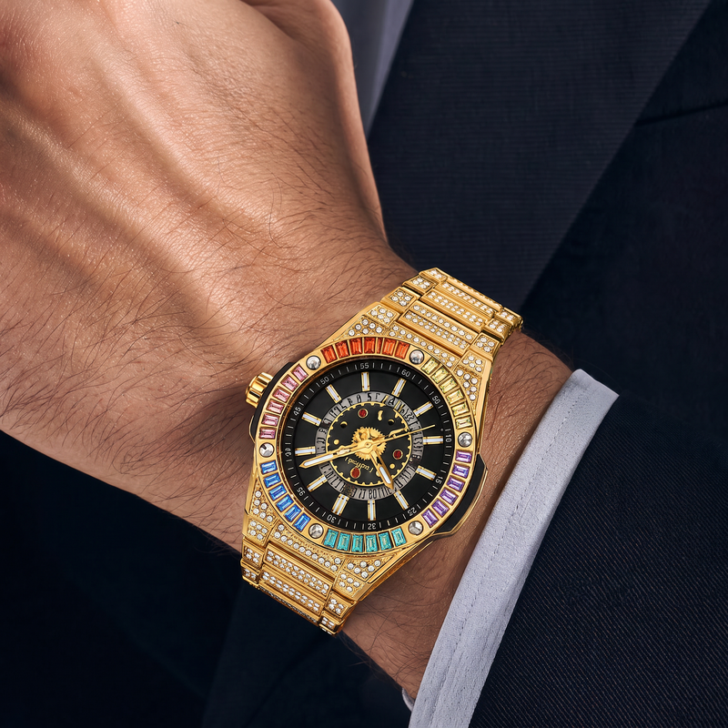 RKS RKS1159 Live Edition Men's Iced Out Watch - Luxury Rainbow Baguette Crystal Bezel Pave Dial Luminous Hands 6H Date Metal Band Hiphop Wristwatch