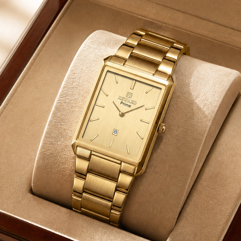 REWARD RD 613568M Quartz Watch - Live Edition Men's Classic Square Full IPG Gold Stainless Steel Band Ultra-Slim 8.5mm Case 6H Date Brushed Dial Wristwatch