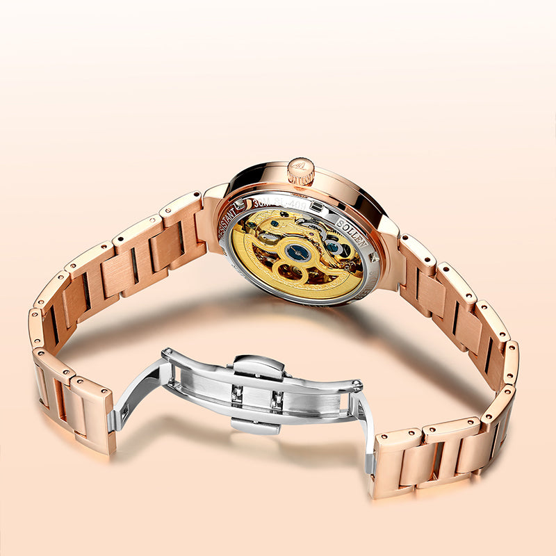 Sollen SL409 Women's Minimalist Automatic Mechanical Watch - 34mm Crystal Bezel Sandblasted Dial Stainless Steel Bracelet Wristwatch