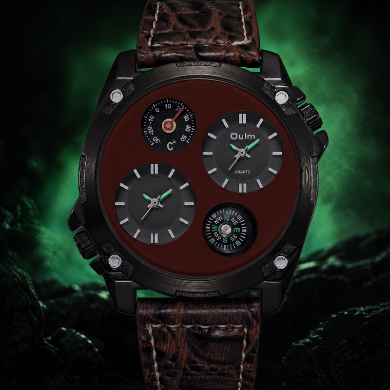 Oulm HP9139 Quartz Watch - Live Edition Men's Heavy Steampunk Dual Time Zone Industrial Black Case Luminous Hands Compass Leather Strap Tactical Wristwatch