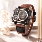 Oulm HP3595 Live Edition Men's Tactical Watch - Cyberpunk Multi Time Zone Triple Movement Rectangle Armor Case Wide Canvas Strap Sport Wristwatch