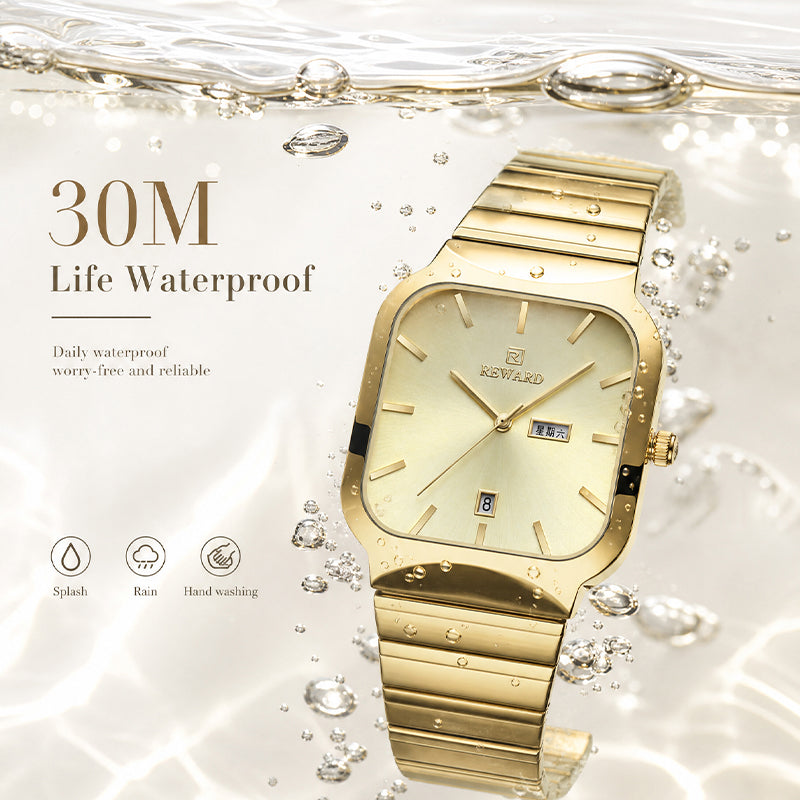 REWARD RD 611264M Quartz Watch - Live Edition Men's Retro TV-Shaped Full IPG Gold Stainless Steel Band Separated Day-Date Sunburst Dial Wristwatch