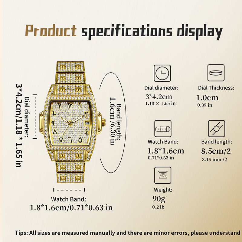 BELBI BELBL-8246 Live Edition Men's Iced Out Watch - Luxury Full Crystals Encrusted Tonneau Case Pave Dial Eastern Arabic Numerals 3H Date Metal Band Hiphop Wristwatch