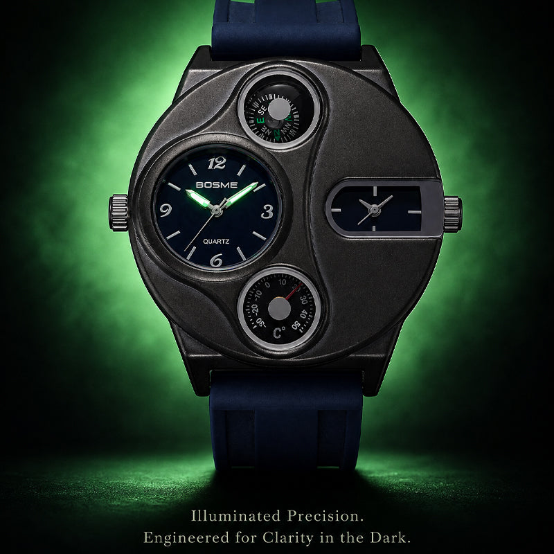 BOSME HP9167 Quartz Watch - Live Edition Men's Heavy Steampunk Dual Time Zone Industrial Black Case Luminous Hands Compass Silicone Strap Tactical Wristwatch