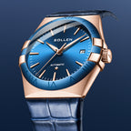 Sollen 9065 Automatic Watch - Men's Dress 12 Bar Marker Date Blue Sunray Dial Genuine Leather Strap Wristwatch