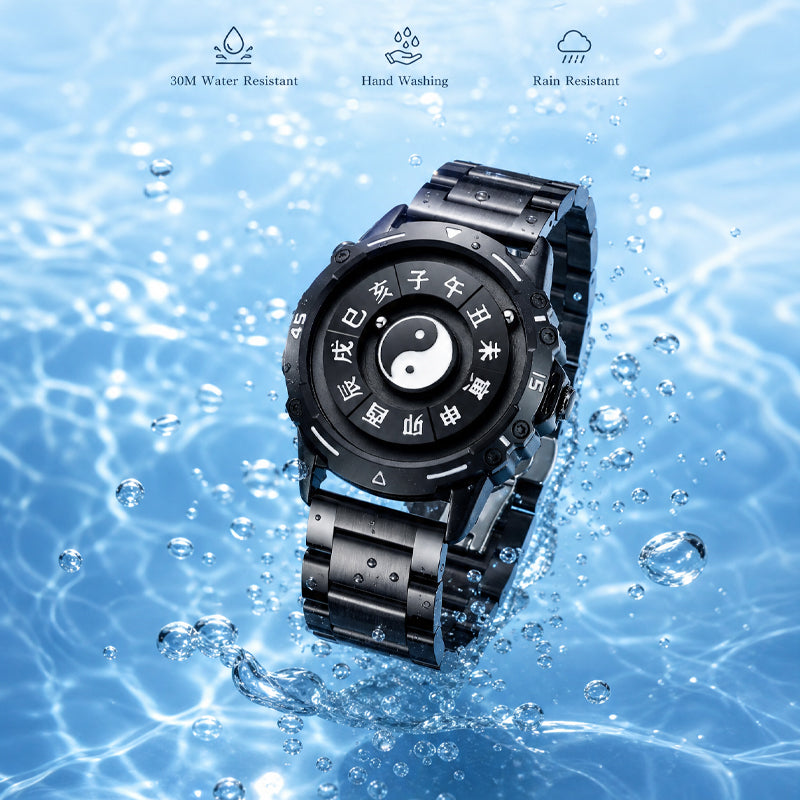 LONGBO LB83899 Quartz Watch - Live Edition Men's Tech 44mm Black Case No-Glass Magnetic Rolling Ball Pointerless Chinese Tai Chi Twelve Earthly Branches Theme Steel Link Bracelet Wristwatch