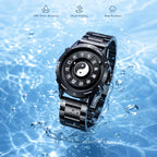 LONGBO LB83899 Quartz Watch - Live Edition Men's Tech 44mm Black Case No-Glass Magnetic Rolling Ball Pointerless Chinese Tai Chi Twelve Earthly Branches Theme Steel Link Bracelet Wristwatch