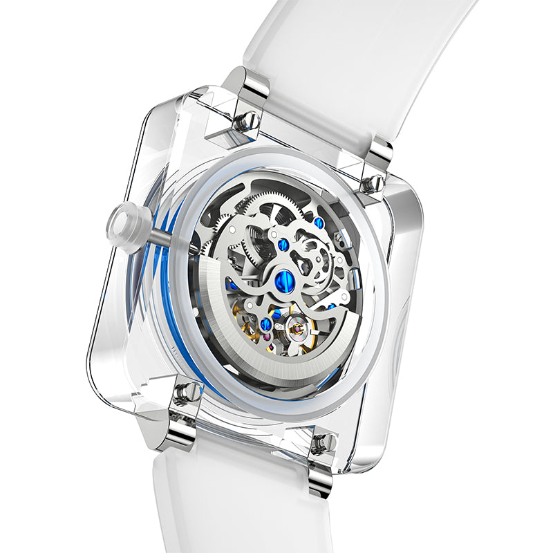 Sollen SL325 Men's Square Skeleton Automatic Mechanical Watch - 42mm Transparent K9 Crystal Case Open Heart Luminous Dial Liquid Silicone Strap Wristwatch