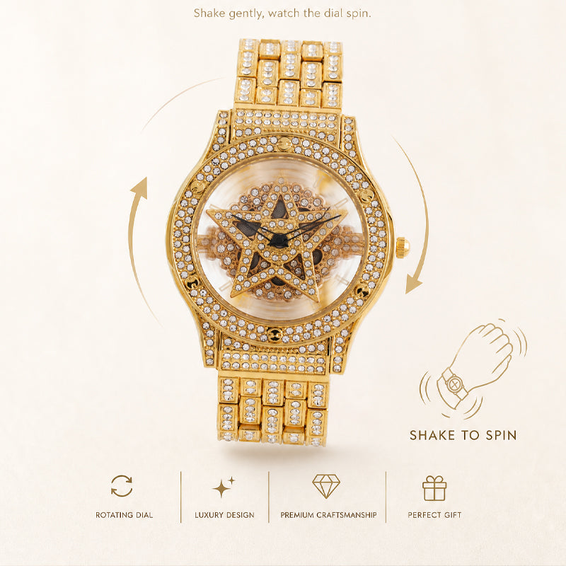 LOOK WORLD RKS245 Live Edition Men's Iced Out Watch - Luxury Full Crystals Encrusted Round Case Creative Spinning Star Dial Metal Band Hiphop Wristwatch